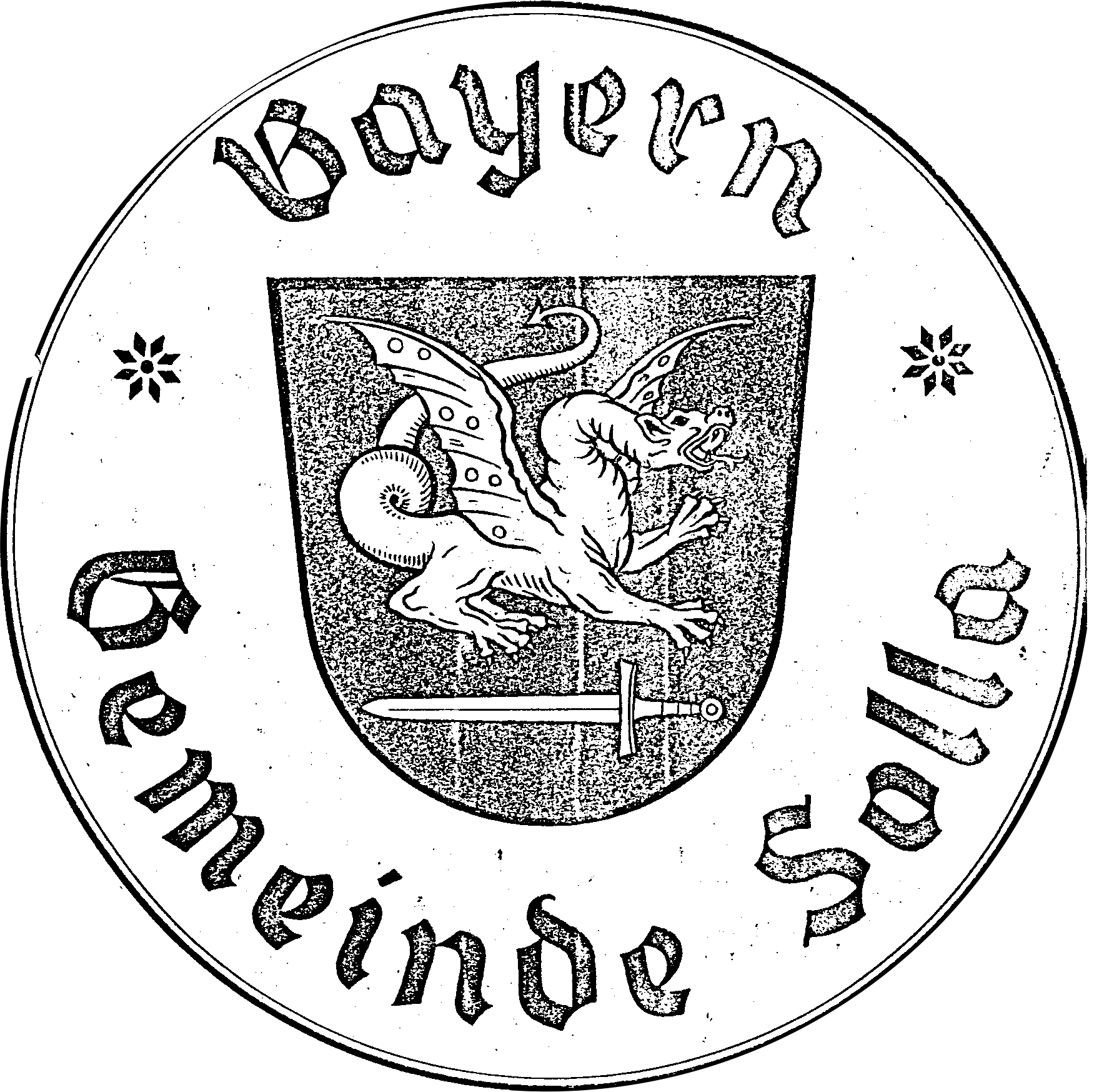 Das Wappen der Altgemeinde Solla zeigt einen nach rechts Gerichteten Drachen und darunter ein nach Links gerichtetes Schwert. Im Kreis um das Wappen befindet sich der Schriftzug '* Bayern * Gemeinde Solla' 